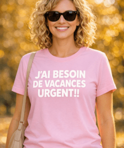 T-shirt femme drôle « J’AI BESOIN DE VACANCES URGENT!! » rose