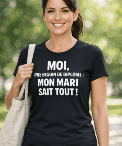 T-shirt humour "Moi, pas besoin de diplôme : mon mari sait tout !"