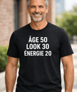 T-shirt humour ÂGE 50 LOOK 30 ÉNERGIE 20