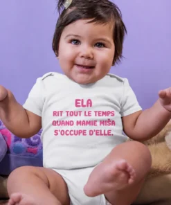 Body bébé Rires chez mamie avec prénom personnalisé, cadeau drôle pour bébé chez mamie