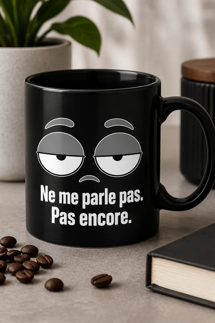 Mug minimaliste avec yeux à moitié fermés et slogan Ne me parle pas. Pas encore. en gris sur fond blanc