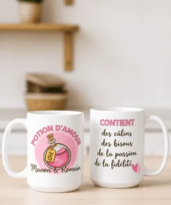 Mug humoristique Potion amour avec prénom personnalisé avec design POTION D'AMOUR LOVE Manon & Romain