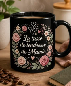 Mug Mamie avec l’inscription La tasse de tendresse de Mamie, entourée d’une couronne florale rose et sauge