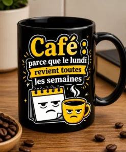 Mug blanc avec slogan « Café : parce que le lundi revient toutes les semaines », design typographique noir, blanc et jaune avec calendrier grincheux et tasse de café