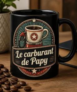 Mug vintage avec badge station-service et tasse de café, slogan Le carburant de Papy