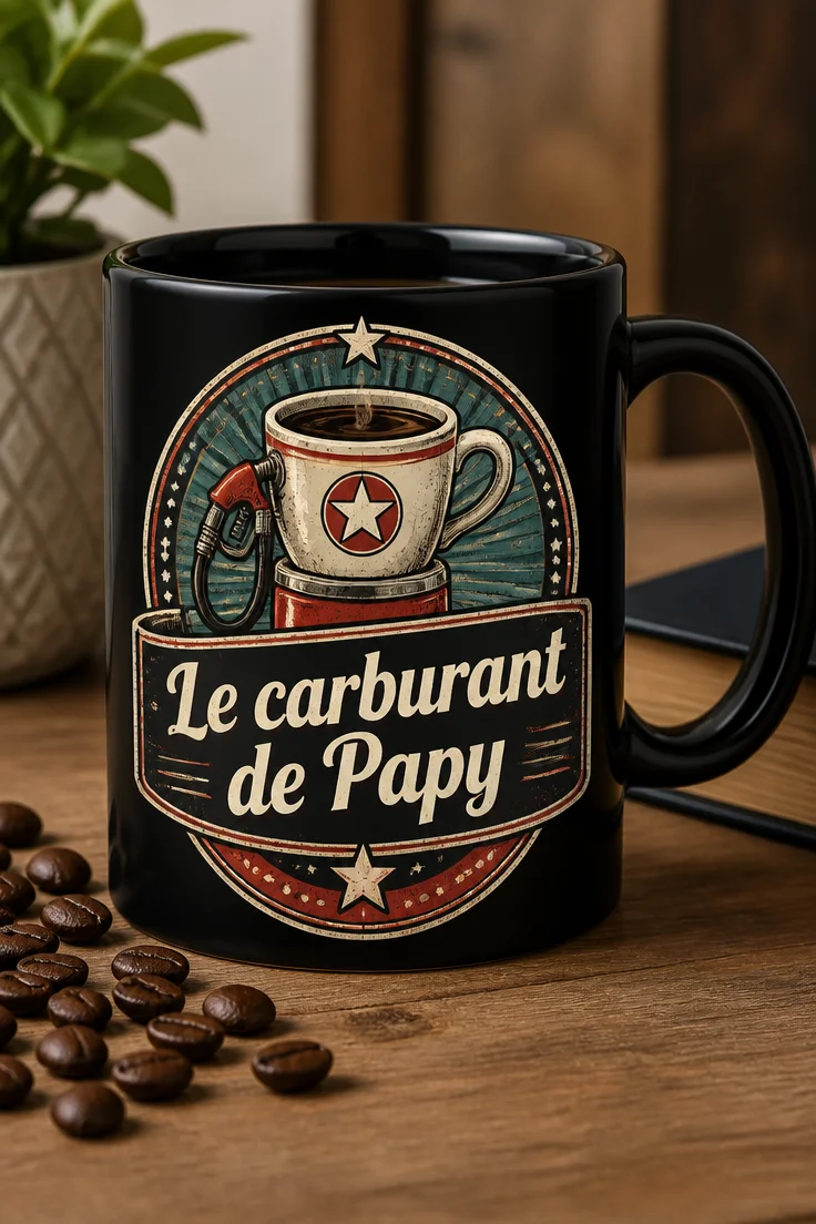 Mug vintage avec badge station-service et tasse de café, slogan Le carburant de Papy