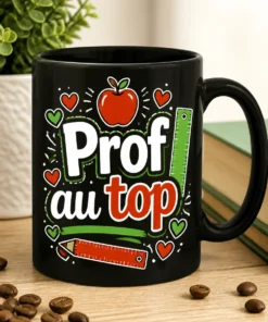 Mug cadeau enseignant avec slogan Prof au top, style joyeux, apple rouge, règles et cœurs dessinés, couleurs rouge vert blanc.