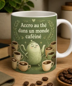 Mug avec une théière fière entourée de tasses de café, slogan Accro au thé dans un monde caféiné, style doux et moderne.