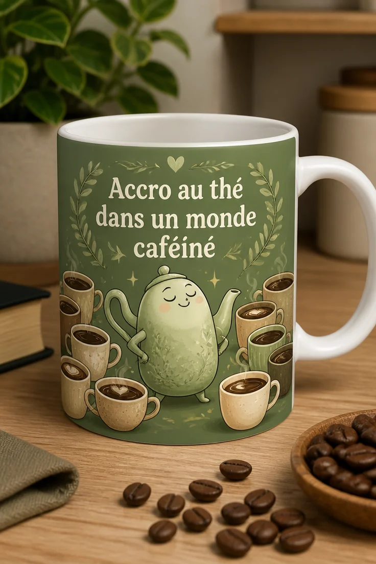 Mug avec une théière fière entourée de tasses de café, slogan Accro au thé dans un monde caféiné, style doux et moderne.
