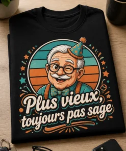 T-shirt anniversaire avec slogan Plus vieux, toujours pas sage, visage de grand-père clin d'œil, chapeau de fête rétro, rayures coucher de soleil teal et orange