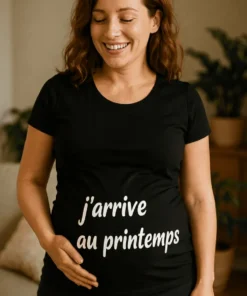 T-shirt de grossesse Bébé arrive au printemps avec le texte j'arrive au printemps