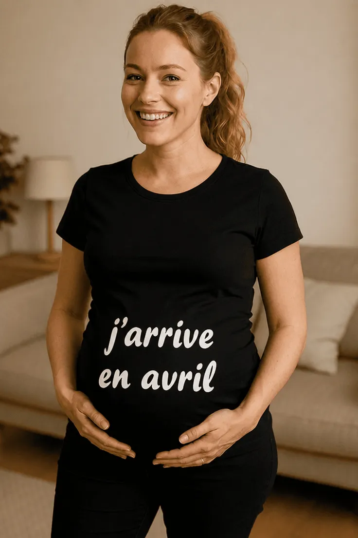 T-shirt de grossesse J'arrive en avril avec le texte j'arrive en avril