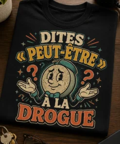 T-shirt rétro humoristique avec le slogan DITES « PEUT-ÊTRE » À LA DROGUE, illustration vintage style affiche PSA, texte centré, humour sarcastique