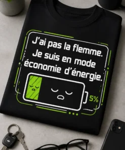 T-shirt drôle avec slogan J’ai pas la flemme. Je suis en mode économie d’énergie. et batterie à 5 % avec visage endormi, design vert et blanc sur fond sombre