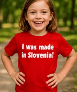 T-shirt enfant Fabriqué en France avec le slogan I was made in Slovenia! imprimé sur le devant