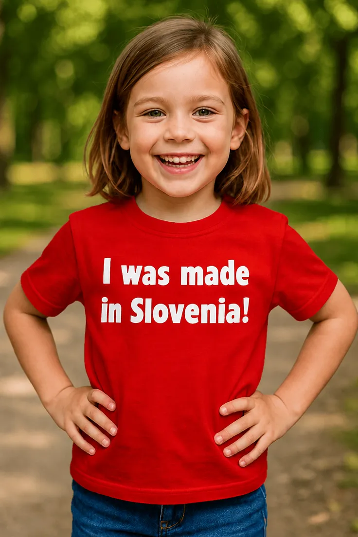 T-shirt enfant Fabriqué en France avec le slogan I was made in Slovenia! imprimé sur le devant