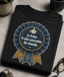 T-shirt frère drôle avec rosette vintage bleue et bronze, pouce levé au centre, slogan Le frère le plus passable du monde