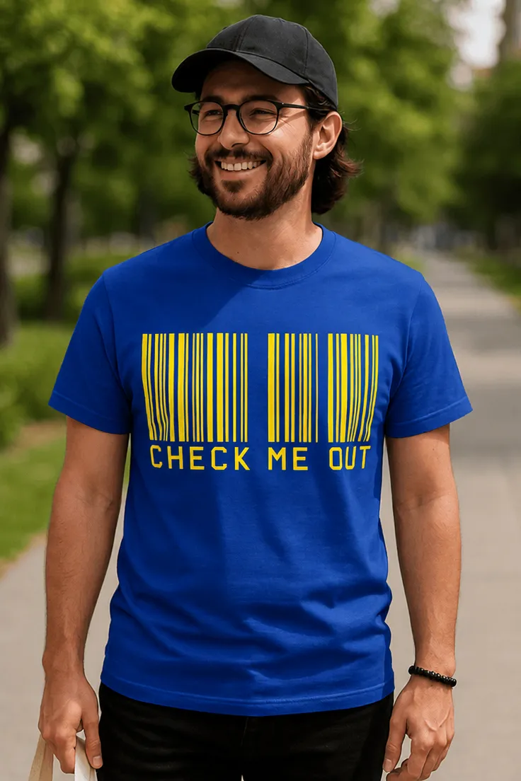 T-shirt humoristique Code barres regarde moi avec design code-barres drôle et slogan CHECK ME OUT