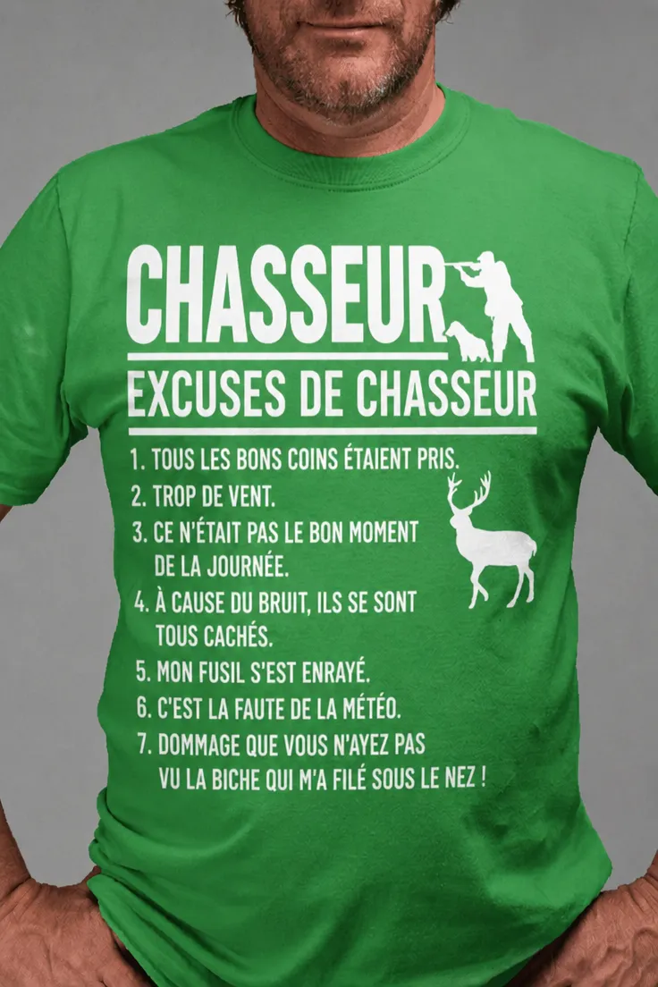 T-shirt humoristique Excuses de chasseur avec liste d'excuses de chasse imprimée
