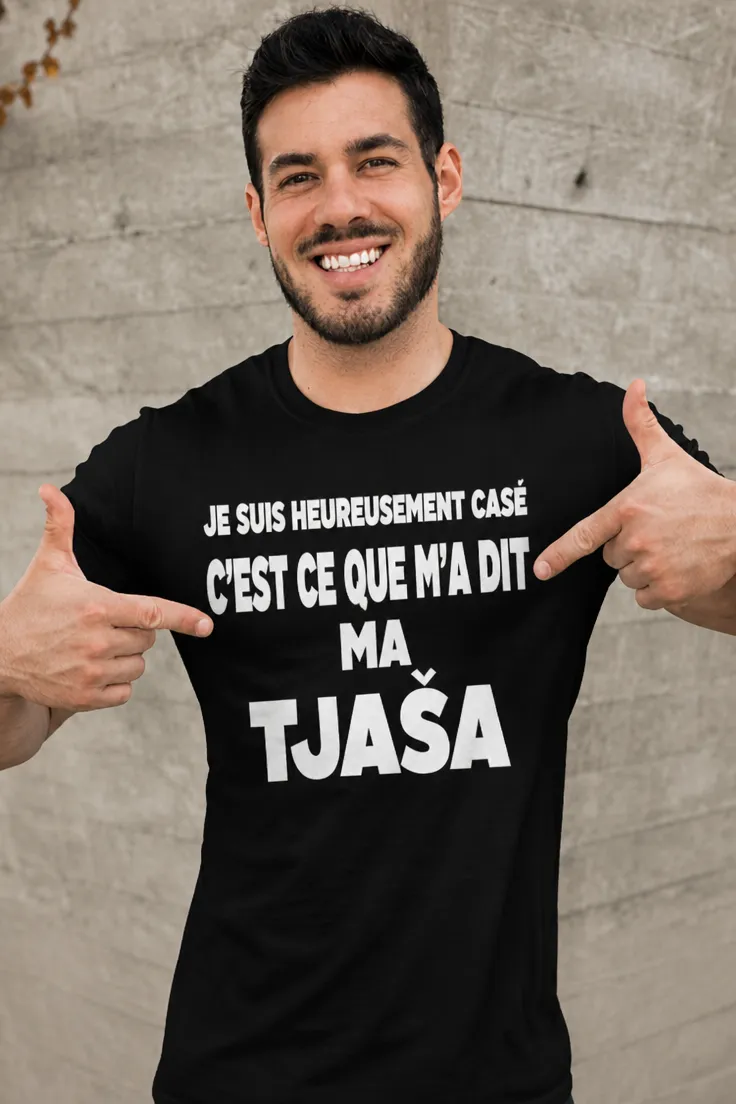 T-shirt humoristique Heureusement casé avec prénom personnalisé pour cadeau drôle et personnalisé
