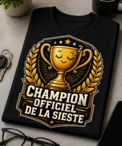 T-shirt noir avec trophée doré, lauriers et slogan Champion officiel de la sieste