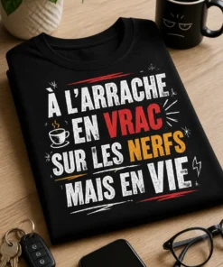 T-shirt humour français avec slogan centré à quatre lignes : À L’ARRACHE, EN VRAC, SUR LES NERFS, MAIS EN VIE, style typographique chaotique et lisible
