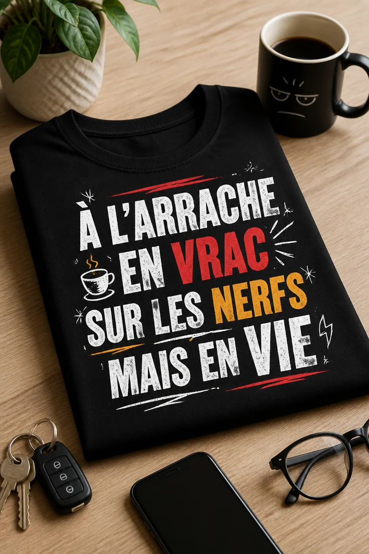 T-shirt humour français avec slogan centré à quatre lignes : À L’ARRACHE, EN VRAC, SUR LES NERFS, MAIS EN VIE, style typographique chaotique et lisible