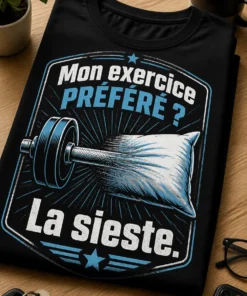 T-shirt humour salle de sport avec haltère transformé en oreiller et slogan Mon exercice préféré ? La sieste.