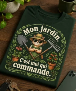 T-shirt jardinage avec slogan Mon jardin. C’est moi qui commande., outils croisés et ambiance rustique de jardin