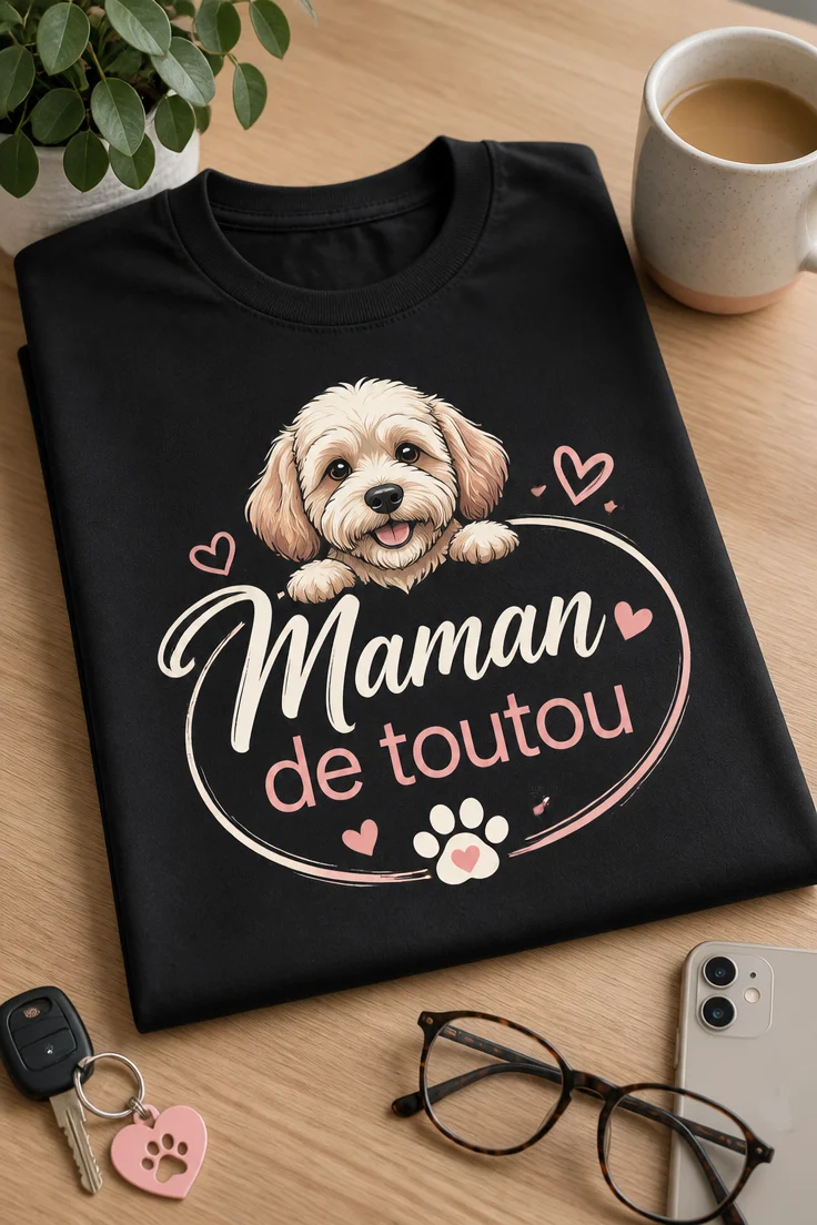 T-shirt maman de toutou avec slogan Maman de toutou, style doux et féminin, motif patte et cœur, impression blush rose et crème