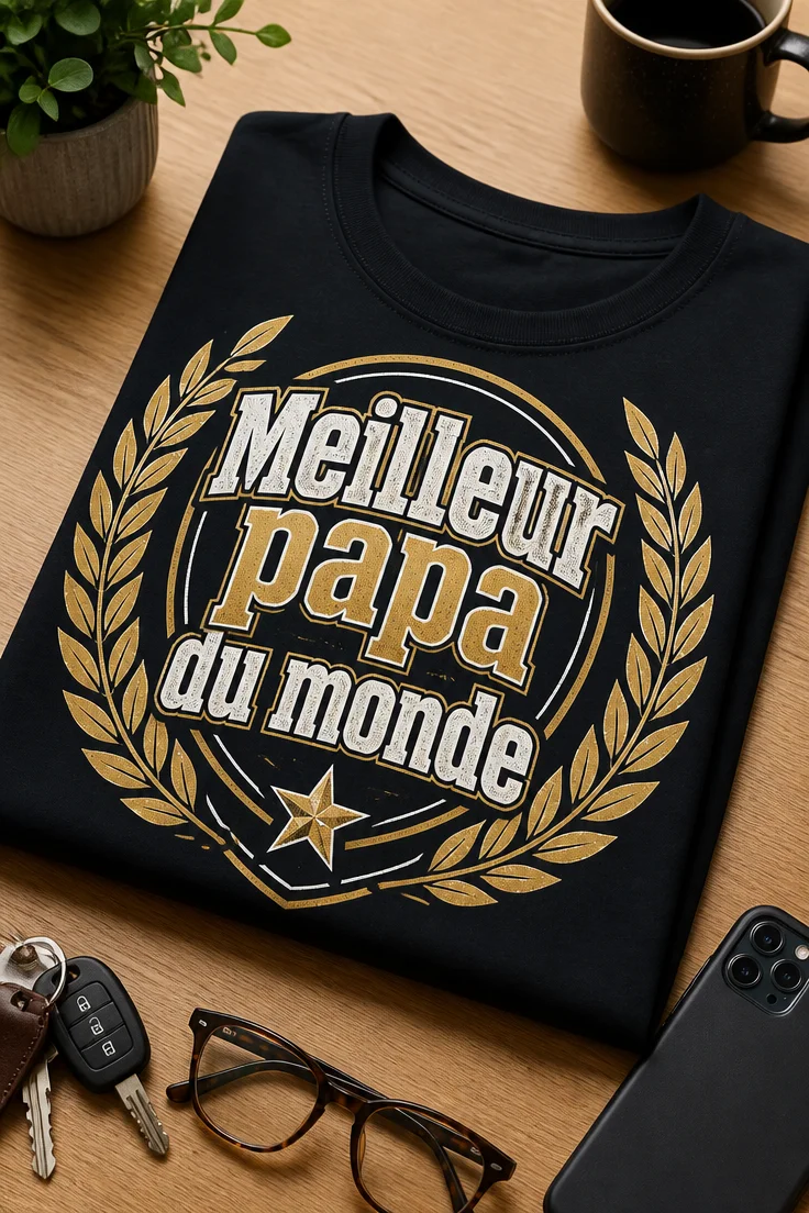 T-shirt papa avec slogan Meilleur papa du monde, badge rétro masculin, laurier et étoile