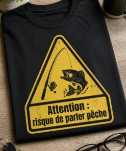 T-shirt pêche avec triangle d’avertissement jaune, poisson et canne à pêche, slogan Attention : risque de parler pêche