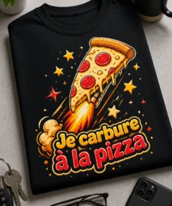 T-shirt pizza humoristique avec une part de pizza en fusée et le slogan Je carbure à la pizza