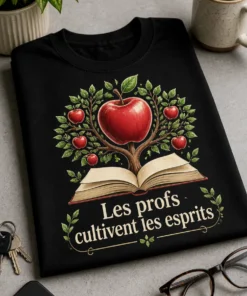 T-shirt professeur avec livre ouvert et arbre-pomme, slogan Les profs cultivent les esprits