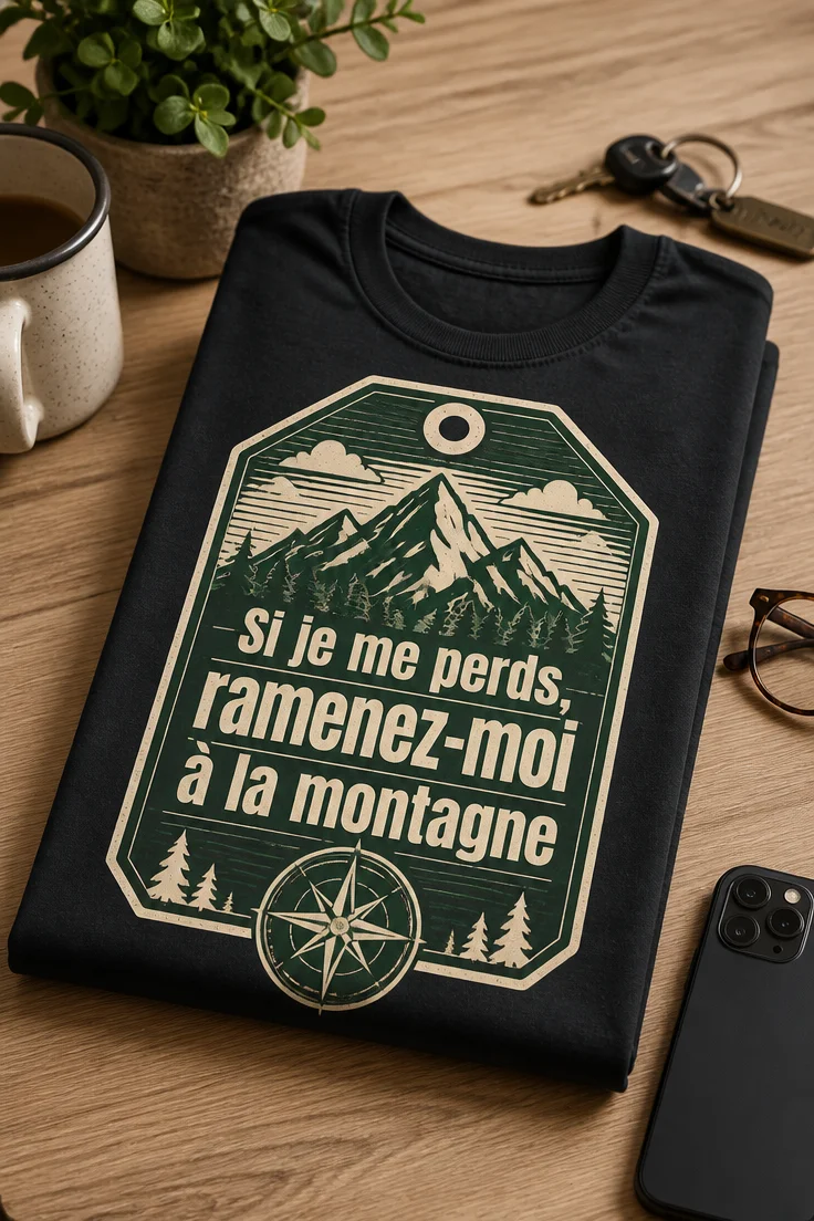 T-shirt randonnée montagne avec slogan Si je me perds, ramenez-moi à la montagne, graphique style étiquette de voyage, silhouette de montagnes et boussole, en vert forêt et crème