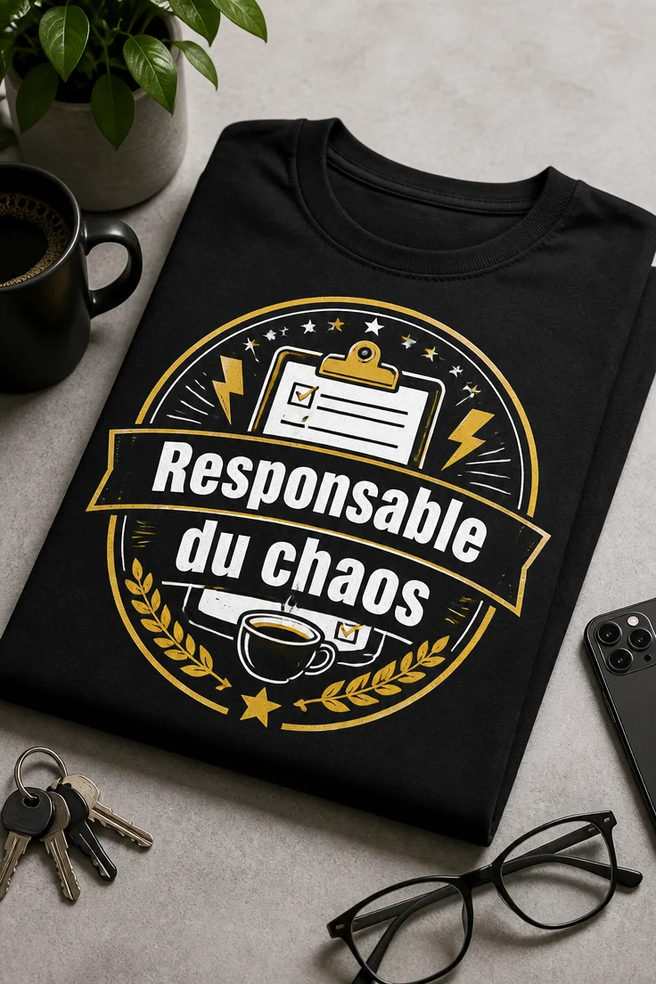 T-shirt humoristique avec badge corporate, clipboard, café et éclairs, slogan Responsable du chaos