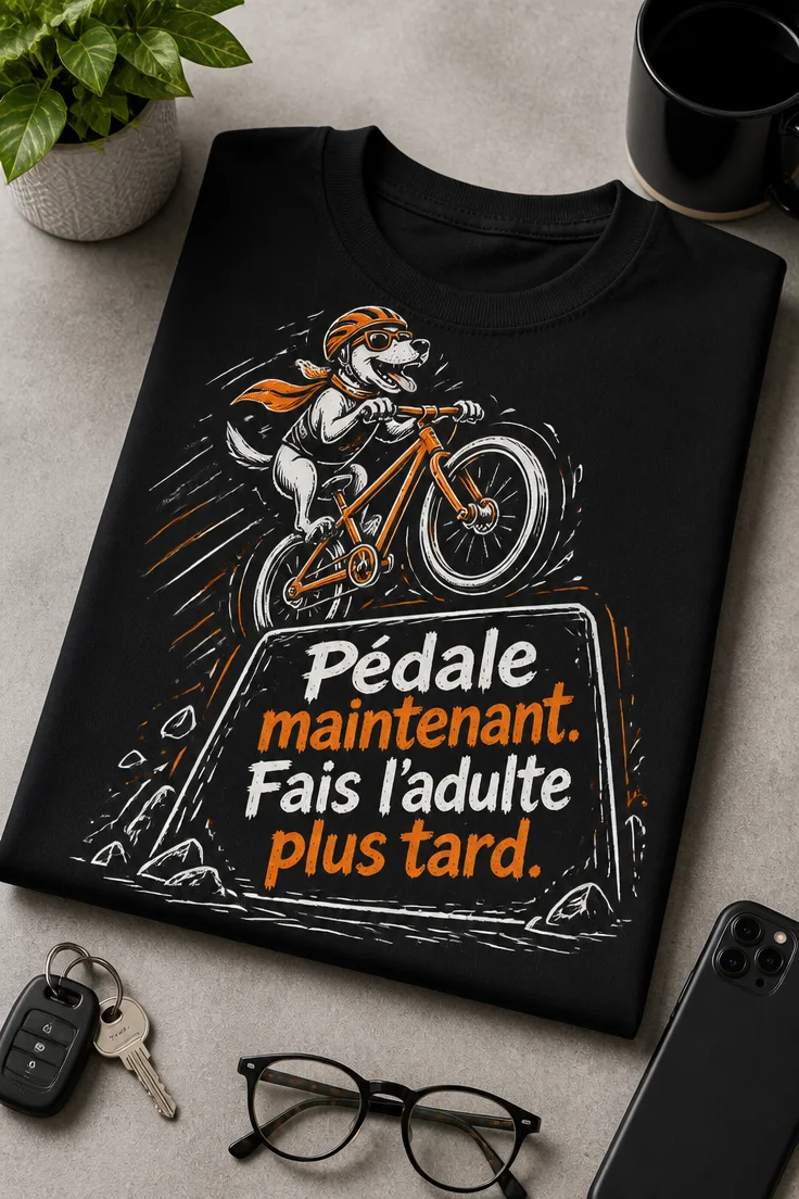T-shirt vélo humoristique avec vélo dessiné en mouvement, slogan Pédale maintenant. Fais l’adulte plus tard. en orange et blanc sur fond sombre