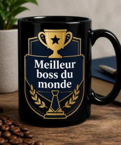 Mug cadeau bureau avec trophée minimaliste, petite cravate et étoile, slogan Meilleur boss du monde, design bleu marine et or